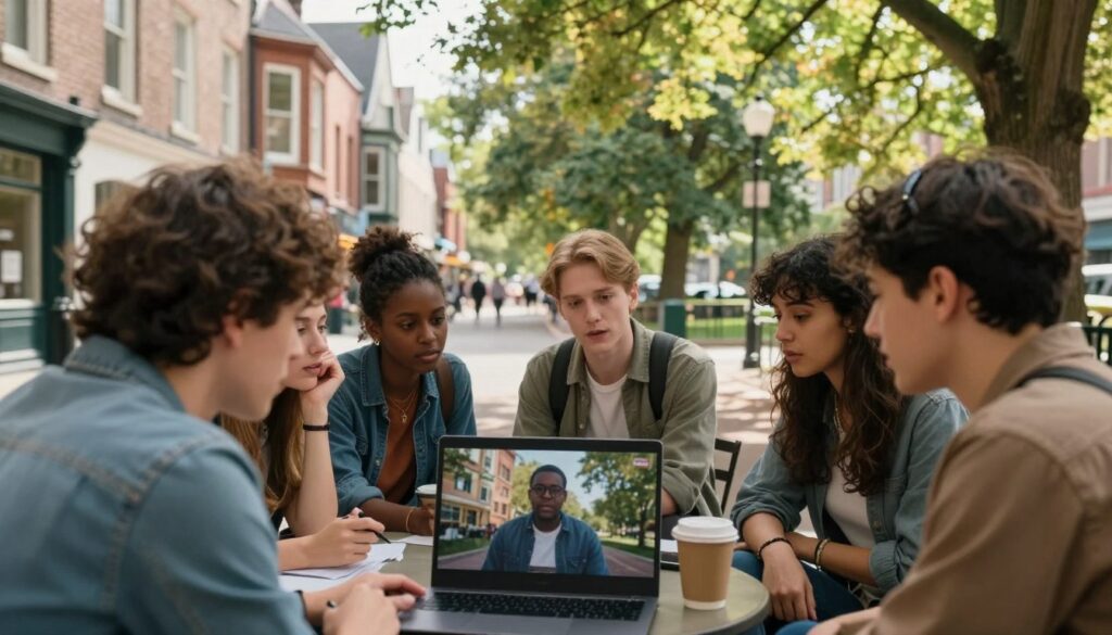 A detailed scene capturing the essence of viewers analyzing a video still, showcasing a quaint urban setting with distinct architectural features. In the foreground, a group of friends of diverse backgrounds is gathered around a laptop, examining a scene from a video, dressed in casual attire, appearing engaged and curious. In the middle ground, glimpses of a charming street filled with trees and vintage buildings create a sense of community. In the background, a picturesque park adds a natural touch, with soft sunlight filtering through leaves, casting dappled shadows. The overall atmosphere is one of excitement and collaboration, with a warm color palette that evokes curiosity and exploration. The image should have soft, natural lighting, shot from a slightly elevated angle to capture the group's expressions and the surroundings effectively. A detailed scene capturing the essence of viewers analyzing a video still, showcasing a quaint urban setting with distinct architectural features. In the foreground, a group of friends of diverse backgrounds is gathered around a laptop, examining a scene from a video, dressed in casual attire, appearing engaged and curious. In the middle ground, glimpses of a charming street filled with trees and vintage buildings create a sense of community. In the background, a picturesque park adds a natural touch, with soft sunlight filtering through leaves, casting dappled shadows. The overall atmosphere is one of excitement and collaboration, with a warm color palette that evokes curiosity and exploration. The image should have soft, natural lighting, shot from a slightly elevated angle to capture the group's expressions and the surroundings effectively.