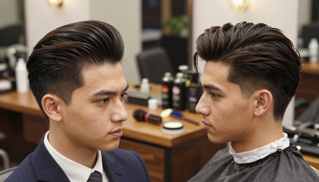 A detailed split image showcasing the differences between classic and modern men's pompadour hairstyles. In the foreground, a well-groomed man with a traditional pompadour, featuring neatly slicked-back hair with high volume and a clean fade, dressed in smart casual attire. Beside him, another man sporting a modern pompadour with textured layers and a more relaxed finish, wearing a contemporary outfit. The middle ground includes hair styling tools, like combs and pomades, set on a stylish wooden table. The background features a soft-focus barbershop, warm ambient lighting highlighting the hairstyles’ details. The atmosphere is inviting and professional, perfect for discussing hair volumes and techniques.