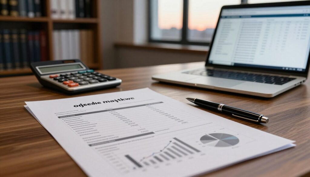 A detailed visualization of a financial declaration document titled "oświadczenie majątkowe." In the foreground, a neatly organized desk with the document prominently displayed, featuring a crisp layout, financial figures, and graphs. A stylish pen rests beside the document. In the middle ground, a polished calculator and a laptop open to a financial analysis page, conveying a sense of active assessment. The background includes a dimly lit office with bookshelves filled with financial literature, and a window showing a serene view of a cityscape at dusk with warm lighting. The mood is professional and contemplative, with soft, warm lighting illuminating the desk, creating a focused atmosphere perfect for analysis. The image should not contain any text or watermarks. A detailed visualization of a financial declaration document titled "oświadczenie majątkowe." In the foreground, a neatly organized desk with the document prominently displayed, featuring a crisp layout, financial figures, and graphs. A stylish pen rests beside the document. In the middle ground, a polished calculator and a laptop open to a financial analysis page, conveying a sense of active assessment. The background includes a dimly lit office with bookshelves filled with financial literature, and a window showing a serene view of a cityscape at dusk with warm lighting. The mood is professional and contemplative, with soft, warm lighting illuminating the desk, creating a focused atmosphere perfect for analysis. The image should not contain any text or watermarks.