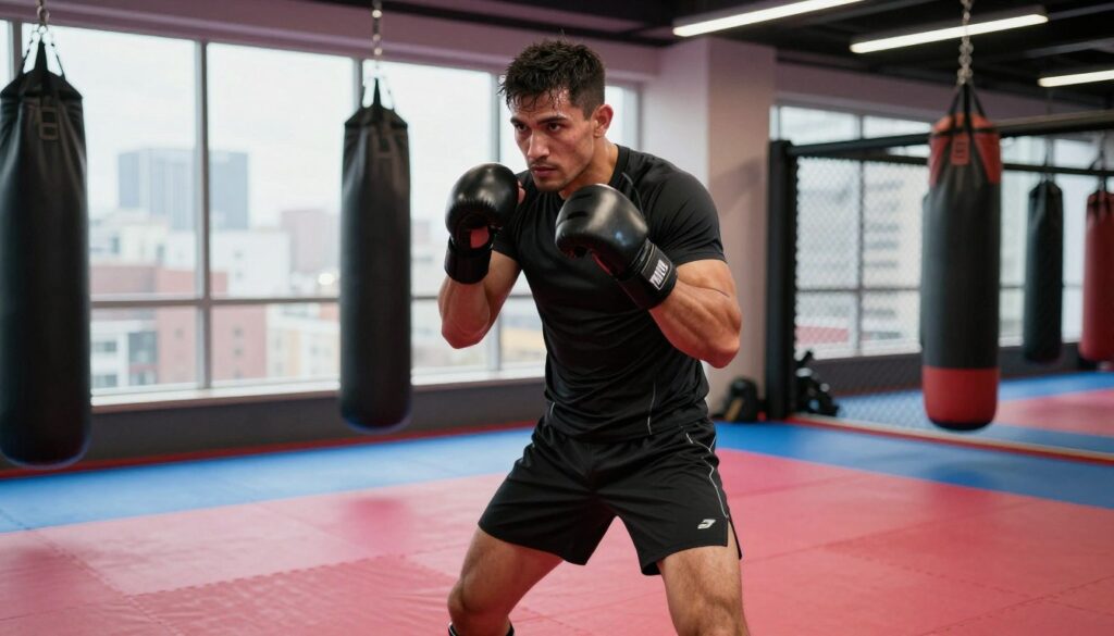 A dynamic scene capturing a professional MMA fighter in a vibrant gym setting, demonstrating intense focus and determination. In the foreground, the fighter, dressed in a fitted training outfit, showcases a powerful stance with gloves on, ready for a fight. The middle ground features training equipment, like punching bags and mats, emphasizing the athletic environment. In the background, a large window reveals a cityscape, suggesting the urban life associated with fame and recognition. The lighting is bright and energetic, highlighting the fighter's muscles and the sweat on their brow. The atmosphere is charged with anticipation and intensity, ideal for illustrating the concept of fame within the MMA world. A dynamic scene capturing a professional MMA fighter in a vibrant gym setting, demonstrating intense focus and determination. In the foreground, the fighter, dressed in a fitted training outfit, showcases a powerful stance with gloves on, ready for a fight. The middle ground features training equipment, like punching bags and mats, emphasizing the athletic environment. In the background, a large window reveals a cityscape, suggesting the urban life associated with fame and recognition. The lighting is bright and energetic, highlighting the fighter's muscles and the sweat on their brow. The atmosphere is charged with anticipation and intensity, ideal for illustrating the concept of fame within the MMA world.