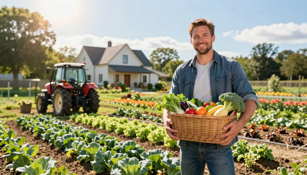 A fit farmer, Sebastian Staniewski, stands confidently in his modern, sustainable farmyard, wearing practical yet stylish casual clothing suitable for outdoor work. In the foreground, he holds a basket of fresh produce, smiling as he engages with the lush environment around him. The middle ground features vibrant fields with rows of vegetables and a small tractor parked nearby, symbolizing daily logistics. In the background, a charming farmhouse is nestled among trees, with the sun shining down through a clear blue sky, creating a warm and inviting atmosphere. Soft, natural lighting enhances the scene, while a slight angle from a low perspective adds depth, emphasizing the farmer's connection with the land. The overall mood is lively and productive, reflecting the essence of farm life. A fit farmer, Sebastian Staniewski, stands confidently in his modern, sustainable farmyard, wearing practical yet stylish casual clothing suitable for outdoor work. In the foreground, he holds a basket of fresh produce, smiling as he engages with the lush environment around him. The middle ground features vibrant fields with rows of vegetables and a small tractor parked nearby, symbolizing daily logistics. In the background, a charming farmhouse is nestled among trees, with the sun shining down through a clear blue sky, creating a warm and inviting atmosphere. Soft, natural lighting enhances the scene, while a slight angle from a low perspective adds depth, emphasizing the farmer's connection with the land. The overall mood is lively and productive, reflecting the essence of farm life.