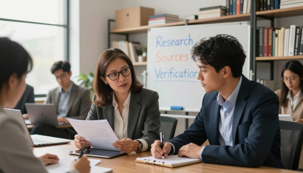 A focused scene depicting a diverse group of professionals in a modern office setting, engaged in deep discussion about fact-checking public figures. In the foreground, a middle-aged woman with glasses is examining a document on a tablet, while a young man with dark hair takes notes on a notepad. In the middle, a whiteboard displays keywords like "Research," "Sources," and "Verification," written in bright colors. The background features shelves filled with books and resources on journalism and ethics. Soft, natural lighting filters through large windows, casting a warm glow over the space, creating an atmosphere of seriousness mixed with collaboration. The camera angle is slightly elevated, offering a comprehensive view of the interaction while keeping the focus on the individuals. A focused scene depicting a diverse group of professionals in a modern office setting, engaged in deep discussion about fact-checking public figures. In the foreground, a middle-aged woman with glasses is examining a document on a tablet, while a young man with dark hair takes notes on a notepad. In the middle, a whiteboard displays keywords like "Research," "Sources," and "Verification," written in bright colors. The background features shelves filled with books and resources on journalism and ethics. Soft, natural lighting filters through large windows, casting a warm glow over the space, creating an atmosphere of seriousness mixed with collaboration. The camera angle is slightly elevated, offering a comprehensive view of the interaction while keeping the focus on the individuals.