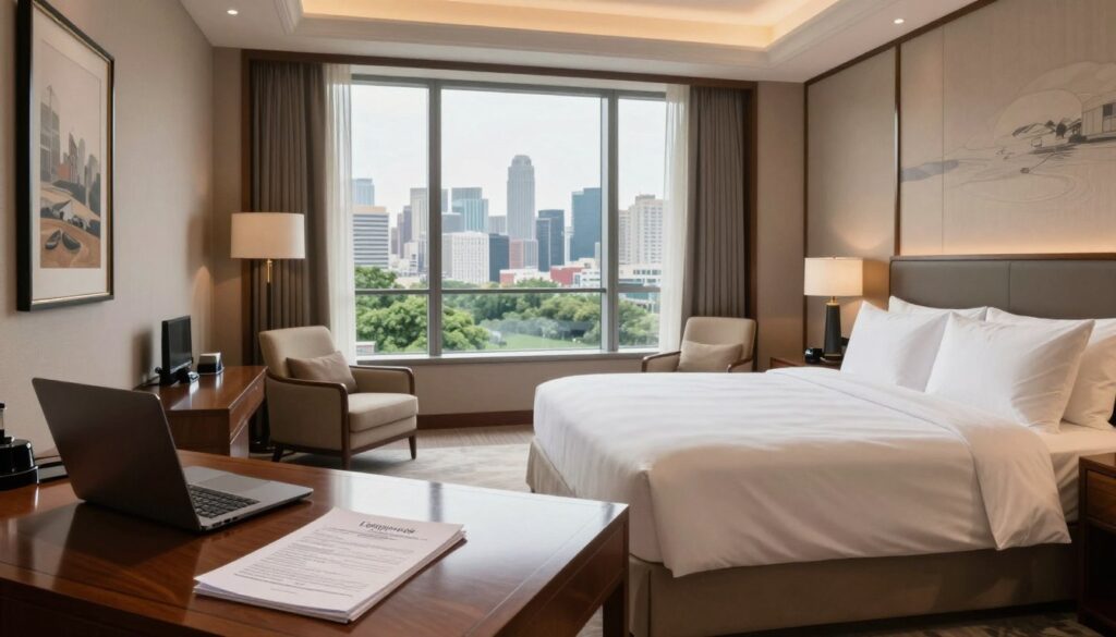 A luxurious hotel room in a government building, featuring a large, elegantly made bed with crisp white linens and plush pillows. The foreground includes a polished wooden desk with a laptop and documents organized neatly, suggesting a workspace. In the middle, a large window reveals a panoramic view of the city skyline during the day, with soft natural light flooding the room, casting gentle shadows. The walls are adorned with tasteful artwork, and a comfortable armchair is placed near the window. In the background, lush greenery is visible outside, enhancing the serene atmosphere. The scene conveys professionalism and comfort, suitable for a political figure, capturing the essence of life in a government hotel. Use a wide-angle lens to emphasize the room's spaciousness and clarity. A luxurious hotel room in a government building, featuring a large, elegantly made bed with crisp white linens and plush pillows. The foreground includes a polished wooden desk with a laptop and documents organized neatly, suggesting a workspace. In the middle, a large window reveals a panoramic view of the city skyline during the day, with soft natural light flooding the room, casting gentle shadows. The walls are adorned with tasteful artwork, and a comfortable armchair is placed near the window. In the background, lush greenery is visible outside, enhancing the serene atmosphere. The scene conveys professionalism and comfort, suitable for a political figure, capturing the essence of life in a government hotel. Use a wide-angle lens to emphasize the room's spaciousness and clarity.
