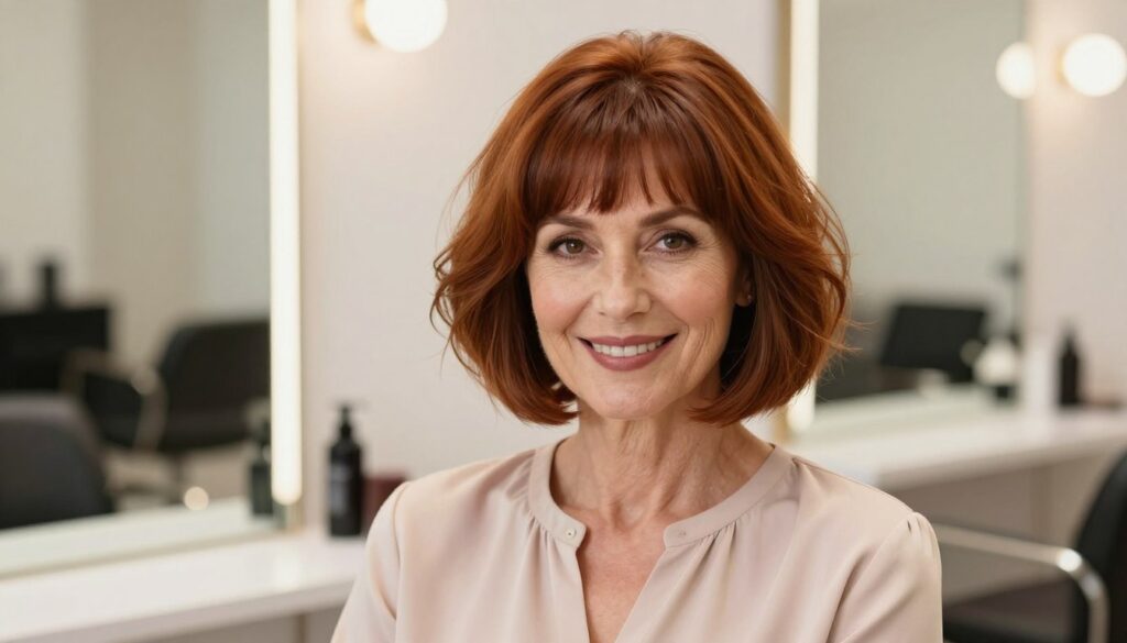 A mature woman with a stylish bob haircut sits gracefully in a bright, elegant salon. She has vibrant, voluminous hair with a soft fringe (grzywka) that frames her face beautifully, enhancing her youthful appearance. The woman wears a sophisticated, modest blouse in pastel colors, reflecting confidence and poise. In the background, soft-focus mirrors and warm lighting create a cozy atmosphere, emphasizing her radiant smile. The shot is captured at eye level, creating an inviting connection with the viewer. The lighting is bright yet soft, highlighting the healthy shine of her hair and the gentle contours of her face, showcasing the rejuvenating effect of the hairstyle. The overall mood is uplifting and elegant, perfect for illustrating a transformative hair styling concept. A mature woman with a stylish bob haircut sits gracefully in a bright, elegant salon. She has vibrant, voluminous hair with a soft fringe (grzywka) that frames her face beautifully, enhancing her youthful appearance. The woman wears a sophisticated, modest blouse in pastel colors, reflecting confidence and poise. In the background, soft-focus mirrors and warm lighting create a cozy atmosphere, emphasizing her radiant smile. The shot is captured at eye level, creating an inviting connection with the viewer. The lighting is bright yet soft, highlighting the healthy shine of her hair and the gentle contours of her face, showcasing the rejuvenating effect of the hairstyle. The overall mood is uplifting and elegant, perfect for illustrating a transformative hair styling concept.
