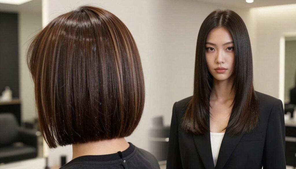 A modern and stylish hairstyle known as the "clavi cut," featuring a symmetrical bob that gently grazes the collarbone. The foreground includes a close-up view of the hair, showcasing its glossy finish and healthy layers, with subtle highlights reflecting light. In the middle ground, a model with sleek, straight hair dressed in professional attire stands confidently, capturing the essence of modern femininity. The background features a softly blurred salon setting, emphasizing a clean and contemporary design with warm lighting that creates an inviting atmosphere. The overall mood is chic and sophisticated, reflecting the elegance of contemporary hair fashion. A modern and stylish hairstyle known as the "clavi cut," featuring a symmetrical bob that gently grazes the collarbone. The foreground includes a close-up view of the hair, showcasing its glossy finish and healthy layers, with subtle highlights reflecting light. In the middle ground, a model with sleek, straight hair dressed in professional attire stands confidently, capturing the essence of modern femininity. The background features a softly blurred salon setting, emphasizing a clean and contemporary design with warm lighting that creates an inviting atmosphere. The overall mood is chic and sophisticated, reflecting the elegance of contemporary hair fashion.