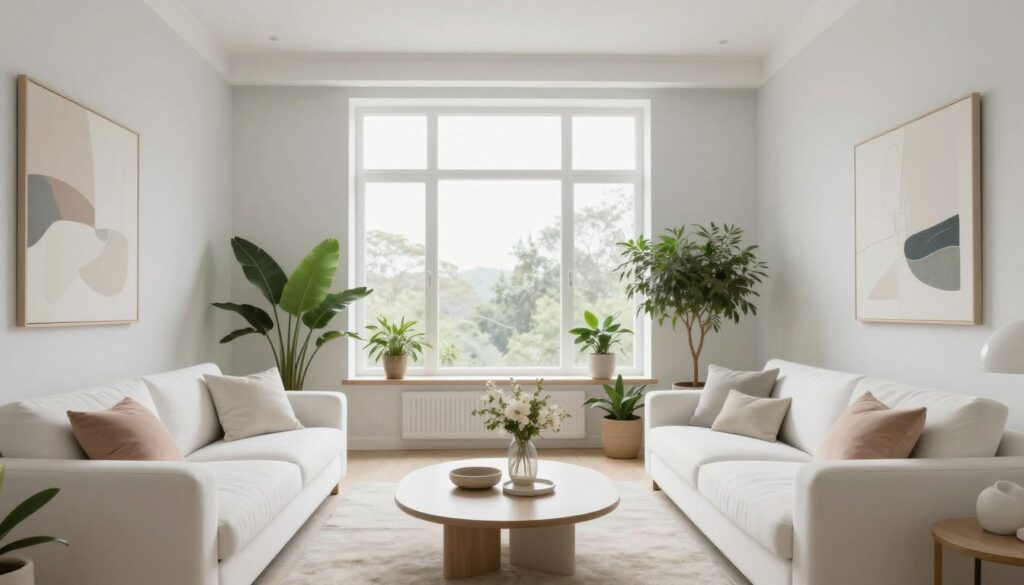 A modern interior living room featuring timeless white and bright shades, emphasizing an airy and elegant ambiance. In the foreground, a sleek white sofa adorned with soft pastel cushions and a stylish coffee table withminimalistic decor. The middle layer showcases a large window allowing natural light to flood the room, highlighting the subtle textures of the walls painted in off-white and light gray tones. Scattered plants add a touch of greenery, creating a refreshing contrast. In the background, abstract art pieces in muted colors adorn the walls. The scene is bathed in soft, diffused lighting, capturing a serene and sophisticated atmosphere, perfect for a modern living space. The perspective is from a slightly elevated angle to showcase the interior depth and arrangement without any text or additional elements. A modern interior living room featuring timeless white and bright shades, emphasizing an airy and elegant ambiance. In the foreground, a sleek white sofa adorned with soft pastel cushions and a stylish coffee table withminimalistic decor. The middle layer showcases a large window allowing natural light to flood the room, highlighting the subtle textures of the walls painted in off-white and light gray tones. Scattered plants add a touch of greenery, creating a refreshing contrast. In the background, abstract art pieces in muted colors adorn the walls. The scene is bathed in soft, diffused lighting, capturing a serene and sophisticated atmosphere, perfect for a modern living space. The perspective is from a slightly elevated angle to showcase the interior depth and arrangement without any text or additional elements.