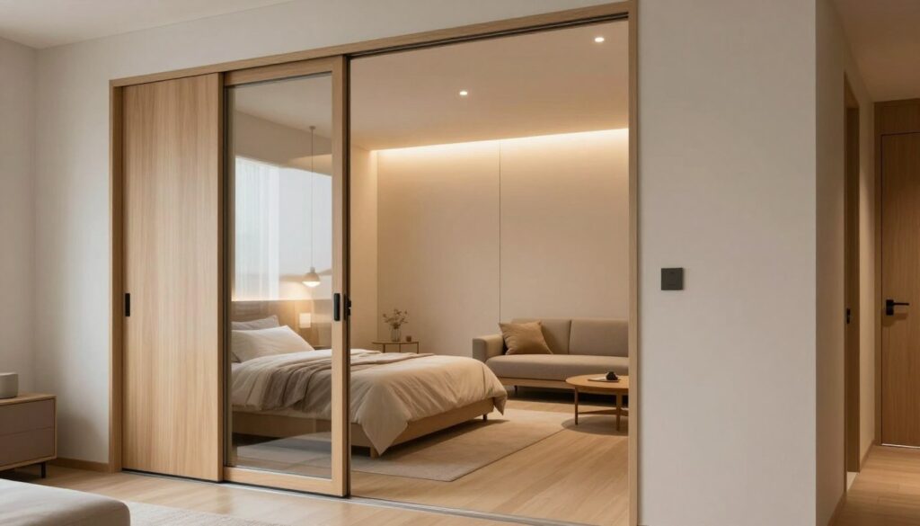 A modern interior scene showcasing sliding doors as a stylish, space-saving solution for a room divided into a cozy bedroom and an inviting living area. In the foreground, elegant sliding doors with sleek frames, perhaps in light wood or glass, are partially open, revealing a neatly made bed with soft linens on one side and a small, inviting seating area on the other. The middle ground features light partition walls that are minimalistic yet decorative, providing a sense of privacy without blocking light. The background includes warm, ambient lighting from recessed ceiling lights, adding a welcoming glow. The atmosphere is serene and functional, with neutral-toned walls and tasteful décor that complement the overall design, shot from a slight angle to capture depth in the space. A modern interior scene showcasing sliding doors as a stylish, space-saving solution for a room divided into a cozy bedroom and an inviting living area. In the foreground, elegant sliding doors with sleek frames, perhaps in light wood or glass, are partially open, revealing a neatly made bed with soft linens on one side and a small, inviting seating area on the other. The middle ground features light partition walls that are minimalistic yet decorative, providing a sense of privacy without blocking light. The background includes warm, ambient lighting from recessed ceiling lights, adding a welcoming glow. The atmosphere is serene and functional, with neutral-toned walls and tasteful décor that complement the overall design, shot from a slight angle to capture depth in the space.