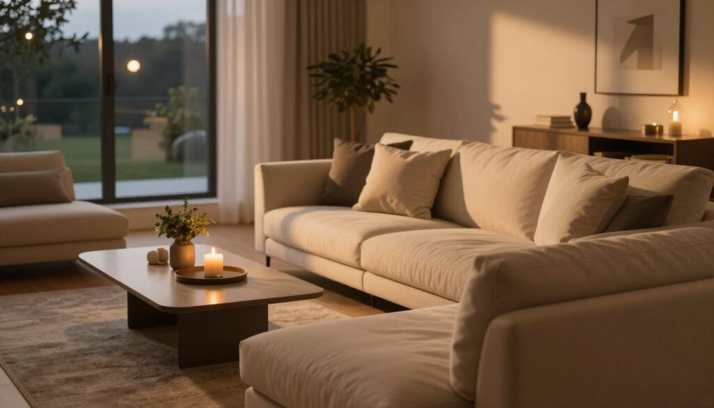 A modern living room bathed in warm, soft lighting that creates a cozy atmosphere. In the foreground, a sleek, elegant sofa adorned with plush cushions, suggesting comfort and style. The middle ground features a stylish coffee table with a few artfully placed decor items, such as a candle and a small plant. In the background, large windows reveal a tranquil evening outside, with gentle streetlight glow filtering in. The lighting is balanced, showcasing the warm tones of the walls, while creating a play of shadows that enhances the inviting mood. The overall ambiance should evoke a sense of relaxation and harmony, essential for a well-lit interior that fosters a positive atmosphere.