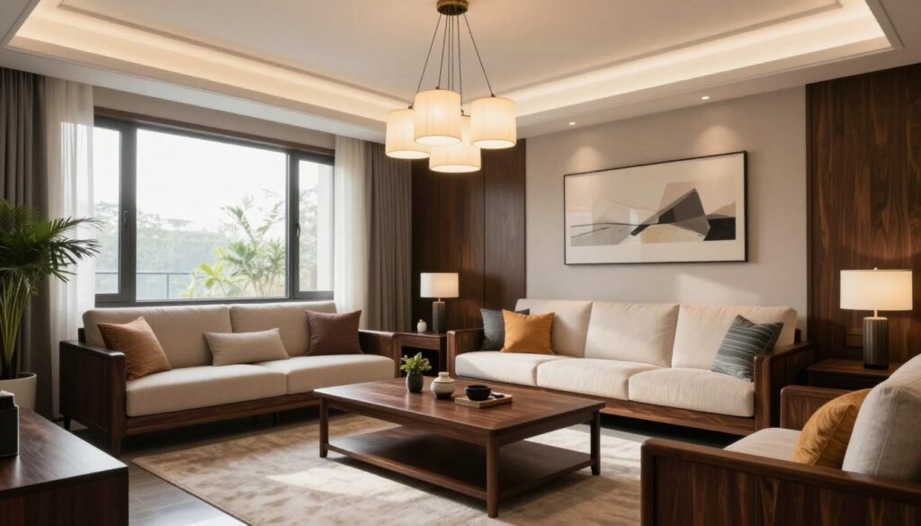 A modern living room featuring dark wooden furniture, elegantly designed to create a sophisticated ambiance. The foreground includes a plush light-colored sofa adorned with colorful cushions, while a stylish coffee table sits atop a soft area rug. In the middle ground, softly glowing pendant lights hang above, casting warm light that brightens the space and enhances the dark furniture. A large window in the background allows natural light to flood in, illuminating the room with sunlight. The walls are painted in a light shade to contrast the dark furnishings, and tasteful artwork adds character. The overall mood is inviting and airy, reflecting a harmonious balance between darkness and light, perfect for illustrating the role of lighting in creating a sense of space. A modern living room featuring dark wooden furniture, elegantly designed to create a sophisticated ambiance. The foreground includes a plush light-colored sofa adorned with colorful cushions, while a stylish coffee table sits atop a soft area rug. In the middle ground, softly glowing pendant lights hang above, casting warm light that brightens the space and enhances the dark furniture. A large window in the background allows natural light to flood in, illuminating the room with sunlight. The walls are painted in a light shade to contrast the dark furnishings, and tasteful artwork adds character. The overall mood is inviting and airy, reflecting a harmonious balance between darkness and light, perfect for illustrating the role of lighting in creating a sense of space.