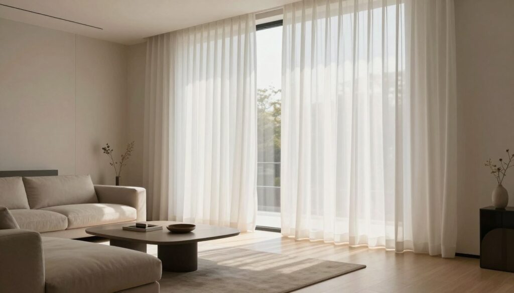 A modern living room featuring long, elegant sheer curtains flowing down to the floor. The curtains are a soft white fabric, gently illuminated by warm afternoon sunlight filtering through a large window. In the foreground, a stylish minimalistic sofa in muted tones complements the airy feel of the room. In the middle ground, a sleek coffee table with a few tasteful decorative items adds to the decor. The background showcases a subtly textured wall in soft pastel colors, creating a calm atmosphere. The scene captures a serene and inviting mood, emphasizing the spaciousness and sophistication of the modern interior. The image is taken from a slightly elevated angle to showcase the full length of the curtains and the harmonious design elements in the room. A modern living room featuring long, elegant sheer curtains flowing down to the floor. The curtains are a soft white fabric, gently illuminated by warm afternoon sunlight filtering through a large window. In the foreground, a stylish minimalistic sofa in muted tones complements the airy feel of the room. In the middle ground, a sleek coffee table with a few tasteful decorative items adds to the decor. The background showcases a subtly textured wall in soft pastel colors, creating a calm atmosphere. The scene captures a serene and inviting mood, emphasizing the spaciousness and sophistication of the modern interior. The image is taken from a slightly elevated angle to showcase the full length of the curtains and the harmonious design elements in the room.