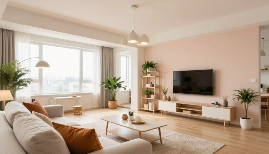 A modern living room in an apartment, designed for spaciousness and comfort. The foreground features a plush, light-colored sofa adorned with colorful cushions, paired with a sleek coffee table. In the middle, stylish shelving displays plants and decorative items, adding a homey touch. The background shows large windows allowing soft, natural light to flood the space, enhancing the airy atmosphere. The walls are painted in soft pastel shades, creating a warm and inviting environment. Elegant pendant lights hang from the ceiling, casting a gentle glow that complements the overall mood. The scene captures a minimalist yet cozy style, with an emphasis on functional furniture arrangement. The angle is slightly elevated, showcasing the room's layout and harmonious color palette, inviting viewers to envision themselves in this welcoming space. A modern living room in an apartment, designed for spaciousness and comfort. The foreground features a plush, light-colored sofa adorned with colorful cushions, paired with a sleek coffee table. In the middle, stylish shelving displays plants and decorative items, adding a homey touch. The background shows large windows allowing soft, natural light to flood the space, enhancing the airy atmosphere. The walls are painted in soft pastel shades, creating a warm and inviting environment. Elegant pendant lights hang from the ceiling, casting a gentle glow that complements the overall mood. The scene captures a minimalist yet cozy style, with an emphasis on functional furniture arrangement. The angle is slightly elevated, showcasing the room's layout and harmonious color palette, inviting viewers to envision themselves in this welcoming space.