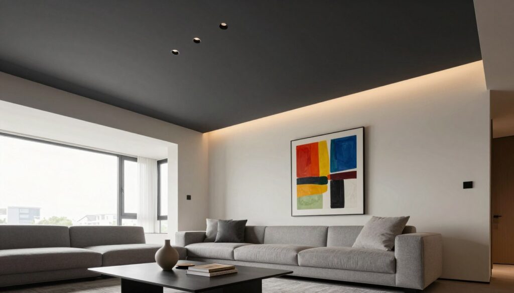A modern living room showcasing a striking contrast between the ceiling and walls. The ceiling is painted in a deep charcoal gray, while the walls are a soft, muted white, enhancing the spatial dimensions. The foreground features a sleek, minimalist coffee table with contemporary decor elements, including a vase and a few stylish books. In the middle, a plush, neutral-gray sofa adds comfort, while a bold, abstract artwork in vibrant hues hangs prominently on the wall, drawing the eye. The background displays large windows with natural light streaming in, creating an airy atmosphere. The scene is illuminated by warm, ambient lighting, giving a cozy yet sophisticated vibe. The angle captures the room from a slightly elevated perspective, emphasizing the interplay of colors and modern design elements. A modern living room showcasing a striking contrast between the ceiling and walls. The ceiling is painted in a deep charcoal gray, while the walls are a soft, muted white, enhancing the spatial dimensions. The foreground features a sleek, minimalist coffee table with contemporary decor elements, including a vase and a few stylish books. In the middle, a plush, neutral-gray sofa adds comfort, while a bold, abstract artwork in vibrant hues hangs prominently on the wall, drawing the eye. The background displays large windows with natural light streaming in, creating an airy atmosphere. The scene is illuminated by warm, ambient lighting, giving a cozy yet sophisticated vibe. The angle captures the room from a slightly elevated perspective, emphasizing the interplay of colors and modern design elements.