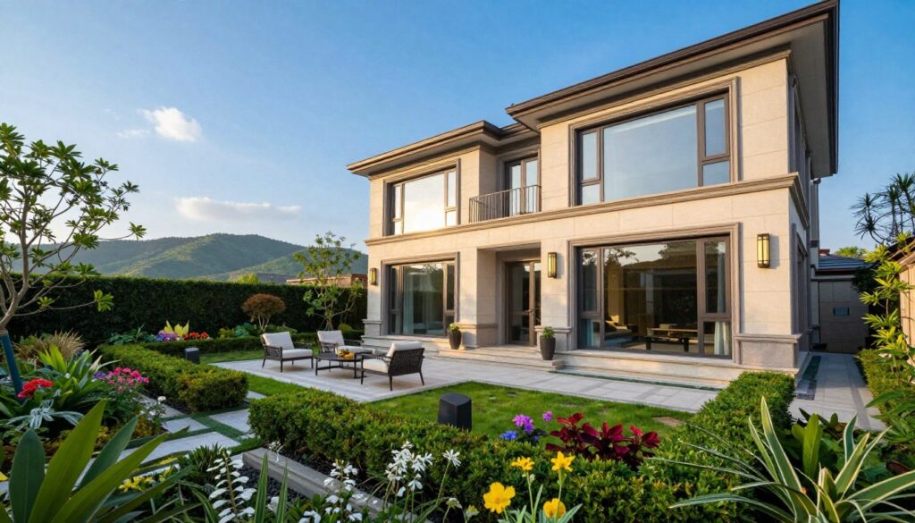 A modern, luxurious residential property showcasing a serene and elegant estate setting. In the foreground, a tastefully designed garden with neatly trimmed hedges and colorful flowers, leading up to a stately, two-story house with large windows reflecting the bright sunlight. In the middle ground, an inviting patio with stylish outdoor furniture, perfect for entertaining guests, overlooks a scenic landscape. The background features gentle rolling hills and a vibrant blue sky, creating a peaceful atmosphere. The lighting is warm and inviting, capturing the golden hour just before sunset, enhancing the overall sense of tranquility and affluence. The image must not include any text, captions, or identifiable personal elements. A modern, luxurious residential property showcasing a serene and elegant estate setting. In the foreground, a tastefully designed garden with neatly trimmed hedges and colorful flowers, leading up to a stately, two-story house with large windows reflecting the bright sunlight. In the middle ground, an inviting patio with stylish outdoor furniture, perfect for entertaining guests, overlooks a scenic landscape. The background features gentle rolling hills and a vibrant blue sky, creating a peaceful atmosphere. The lighting is warm and inviting, capturing the golden hour just before sunset, enhancing the overall sense of tranquility and affluence. The image must not include any text, captions, or identifiable personal elements.