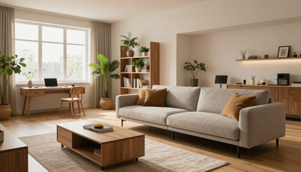 A modern, multifunctional living room in a small apartment, featuring innovative furniture that maximizes space. In the foreground, a stylish sofa that converts into a bed, accompanied by a sleek coffee table with hidden storage. The middle ground showcases a contemporary shelving unit that doubles as a divider, elegantly displaying plants and books. The background reveals large windows allowing natural light to flood the room, illuminating warm tones of the decor. The setting conveys a cozy and inviting atmosphere, with soft lighting that enhances the feel of openness. Use a wide-angle lens to capture the spaciousness while maintaining focus on the multifunctional furniture. The overall mood should be practical yet stylish, emphasizing comfort and efficiency. A modern, multifunctional living room in a small apartment, featuring innovative furniture that maximizes space. In the foreground, a stylish sofa that converts into a bed, accompanied by a sleek coffee table with hidden storage. The middle ground showcases a contemporary shelving unit that doubles as a divider, elegantly displaying plants and books. The background reveals large windows allowing natural light to flood the room, illuminating warm tones of the decor. The setting conveys a cozy and inviting atmosphere, with soft lighting that enhances the feel of openness. Use a wide-angle lens to capture the spaciousness while maintaining focus on the multifunctional furniture. The overall mood should be practical yet stylish, emphasizing comfort and efficiency.