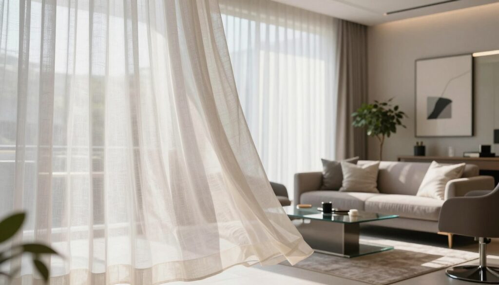 A modern salon adorned with elegant, sheer window curtains that softly diffuse natural light. The foreground features delicate, flowing curtains made of light fabrics like linen or organza in soft white and pastel shades, gently billowing in a light breeze. In the middle ground, a stylish, contemporary sofa in muted tones complements decorative pillows and a sleek coffee table made of glass. The background showcases a tastefully decorated wall with minimalistic art and a hint of greenery from potted indoor plants, creating a serene ambiance. The scene is illuminated by warm, natural sunlight pouring in through the windows, enhancing the airy, sophisticated atmosphere. The composition should evoke a sense of lightness and elegance, perfect for modern interior decor. A modern salon adorned with elegant, sheer window curtains that softly diffuse natural light. The foreground features delicate, flowing curtains made of light fabrics like linen or organza in soft white and pastel shades, gently billowing in a light breeze. In the middle ground, a stylish, contemporary sofa in muted tones complements decorative pillows and a sleek coffee table made of glass. The background showcases a tastefully decorated wall with minimalistic art and a hint of greenery from potted indoor plants, creating a serene ambiance. The scene is illuminated by warm, natural sunlight pouring in through the windows, enhancing the airy, sophisticated atmosphere. The composition should evoke a sense of lightness and elegance, perfect for modern interior decor.