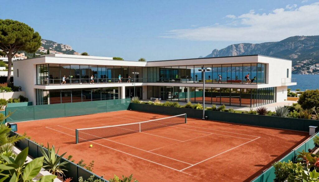A modern tennis training facility in Monte Carlo, with a focus on high-quality infrastructure. In the foreground, showcase a well-maintained clay tennis court, vivid red with crisp white lines, surrounded by lush greenery. In the middle ground, include a sleek and contemporary sports building featuring large glass windows, displaying athletes engaged in training. In the background, depict the stunning Mediterranean landscape, with azure waters and rocky hills under a bright blue sky. The lighting is bright and natural, capturing the essence of a sunny day. The atmosphere is energetic and focused, emphasizing dedication and the foundation of sporting success. A modern tennis training facility in Monte Carlo, with a focus on high-quality infrastructure. In the foreground, showcase a well-maintained clay tennis court, vivid red with crisp white lines, surrounded by lush greenery. In the middle ground, include a sleek and contemporary sports building featuring large glass windows, displaying athletes engaged in training. In the background, depict the stunning Mediterranean landscape, with azure waters and rocky hills under a bright blue sky. The lighting is bright and natural, capturing the essence of a sunny day. The atmosphere is energetic and focused, emphasizing dedication and the foundation of sporting success.