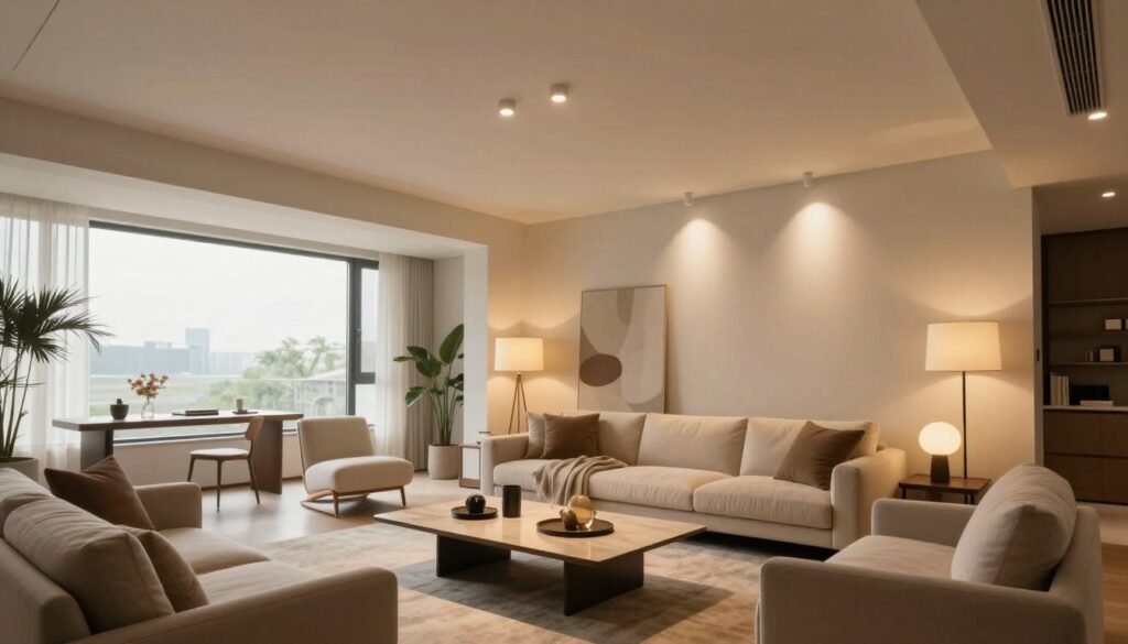 A modern, well-lit interior showcasing a stylish living room designed for optimal lighting. In the foreground, a sleek coffee table with decorative items, surrounded by comfortable furniture arranged to create an inviting atmosphere. The middle ground features ceiling lights and lamps illuminating the space with warm, soft light, casting gentle shadows. In the background, large windows allow natural daylight to flood in, enhancing the overall brightness. Use a wide-angle lens to capture the entire room, creating a sense of openness. The mood is cozy yet sophisticated, with neutral color palettes complemented by warm tones. The image should illustrate the concept of lumens per square meter, focusing on effective lighting solutions for a home environment.