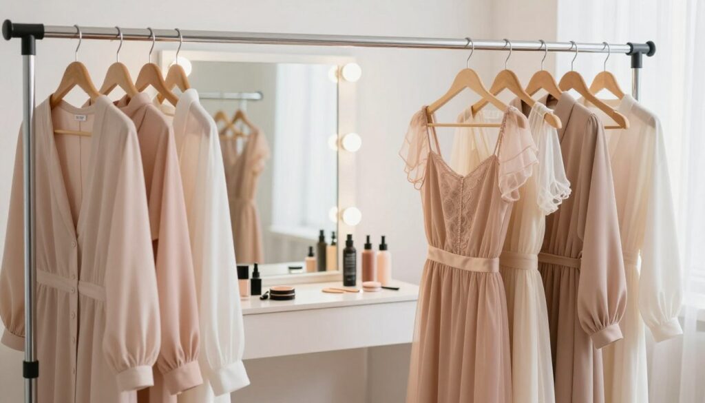 A neatly arranged scene showcasing various types of clothing neatly hanging on a stylish garment rack. In the foreground, there are elegant blouses and dresses in soft pastel colors, showcasing their delicate fabrics. The middle of the image features a clean, modern dressing area with a large mirror and a makeup setup, including beauty products like setting sprays and powders. In the background, bright natural light streams in through a window, creating a warm and inviting atmosphere. The overall mood is fresh and organized, emphasizing the importance of maintaining clean garments while applying makeup. No people are present; focus is solely on the clothing and accessories, emphasizing style and cleanliness.