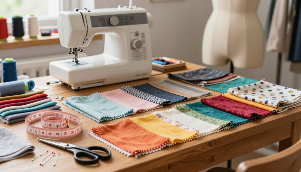 A neatly arranged sewing workspace showcasing a variety of fabric swatches in vibrant colors and patterns, laid out on a wooden table. In the foreground, several measuring tapes, scissors, and sewing pins scattered attractively. The middle ground features a partially opened sewing machine and a dress form draped with a fabric that needs adjustment. In the background, a warm, softly lit room filled with spools of thread and sewing supplies, creating an inviting and creative atmosphere. The scene is captured from a slightly elevated angle to highlight the textures of the materials and tools. The overall mood is one of inspiration and craftsmanship, inviting the viewer into the world of tailoring. A neatly arranged sewing workspace showcasing a variety of fabric swatches in vibrant colors and patterns, laid out on a wooden table. In the foreground, several measuring tapes, scissors, and sewing pins scattered attractively. The middle ground features a partially opened sewing machine and a dress form draped with a fabric that needs adjustment. In the background, a warm, softly lit room filled with spools of thread and sewing supplies, creating an inviting and creative atmosphere. The scene is captured from a slightly elevated angle to highlight the textures of the materials and tools. The overall mood is one of inspiration and craftsmanship, inviting the viewer into the world of tailoring.
