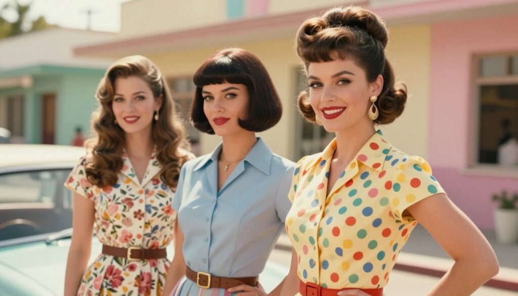 A nostalgic scene showcasing iconic hairstyles from the PRL era, featuring three diverse women with characteristic 1960s and 1970s hairstyles. In the foreground, a woman with a voluminous beehive, wearing a colorful polka dot dress, elegantly poses with her hand on her hip. In the middle, a second woman displays a sleek bob cut, adorned with large retro earrings and a fitted blouse, exuding confidence and style. The third woman in the background has long, flowing hair with soft waves, dressed in a vintage floral patterned outfit. The setting is a retro street scene with pastel-colored buildings and vintage cars, bathed in soft, warm sunlight to evoke a sense of nostalgia. The image should convey a cheerful and vibrant atmosphere, highlighting the beauty and charm of classic hairstyles.