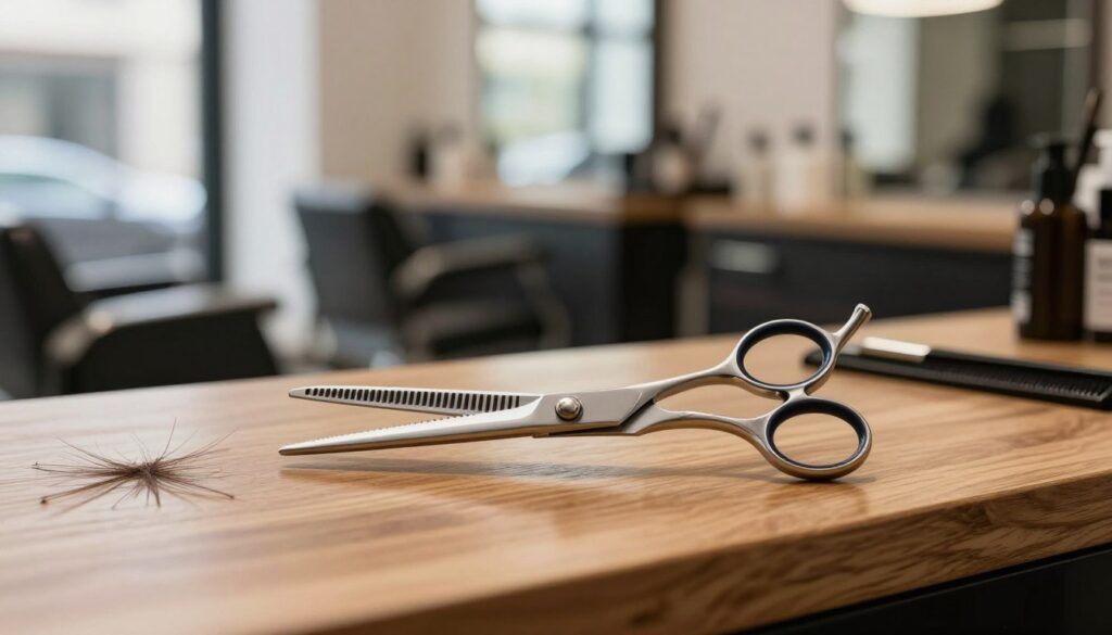A pair of professional hair thinning scissors (nożyczkami degażówki) is prominently displayed in the foreground, showcasing the intricate details of the blades and ergonomic handles. The scissors are placed on an elegant wooden barbershop counter, with a few loose strands of hair artfully scattered around to emphasize their use in hairstyling. In the middle ground, a softly blurred backdrop features a stylish salon setting, well-lit with natural light streaming through large windows, casting gentle shadows. The overall atmosphere is calm and professional, suited for a modern hair salon. The composition captures the essence of hairstyling artistry, focusing on the essential tools of a skilled stylist, ensuring clarity and relevance to the theme. A pair of professional hair thinning scissors (nożyczkami degażówki) is prominently displayed in the foreground, showcasing the intricate details of the blades and ergonomic handles. The scissors are placed on an elegant wooden barbershop counter, with a few loose strands of hair artfully scattered around to emphasize their use in hairstyling. In the middle ground, a softly blurred backdrop features a stylish salon setting, well-lit with natural light streaming through large windows, casting gentle shadows. The overall atmosphere is calm and professional, suited for a modern hair salon. The composition captures the essence of hairstyling artistry, focusing on the essential tools of a skilled stylist, ensuring clarity and relevance to the theme.
