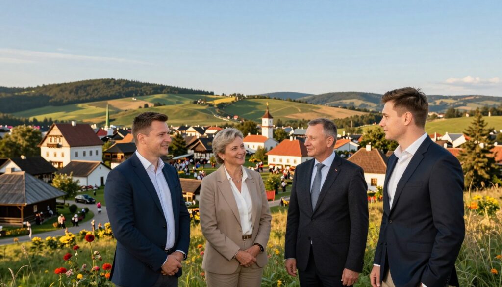 A picturesque landscape symbolizing regional connections, featuring a diverse group of people representing Dominik Tarczyński's ties to his roots. In the foreground, three individuals dressed in business attire stand confidently, smiling and engaging in conversation. The middle ground showcases a vibrant community scene, with traditional Polish architecture and local flora, signifying the region's culture. In the background, rolling hills and a clear blue sky create a serene atmosphere. The warm, golden lighting of the late afternoon adds depth and a sense of belonging to the image. This composition reflects a strong connection to the local landscape, celebrating the themes of heritage and regional identity. A picturesque landscape symbolizing regional connections, featuring a diverse group of people representing Dominik Tarczyński's ties to his roots. In the foreground, three individuals dressed in business attire stand confidently, smiling and engaging in conversation. The middle ground showcases a vibrant community scene, with traditional Polish architecture and local flora, signifying the region's culture. In the background, rolling hills and a clear blue sky create a serene atmosphere. The warm, golden lighting of the late afternoon adds depth and a sense of belonging to the image. This composition reflects a strong connection to the local landscape, celebrating the themes of heritage and regional identity.