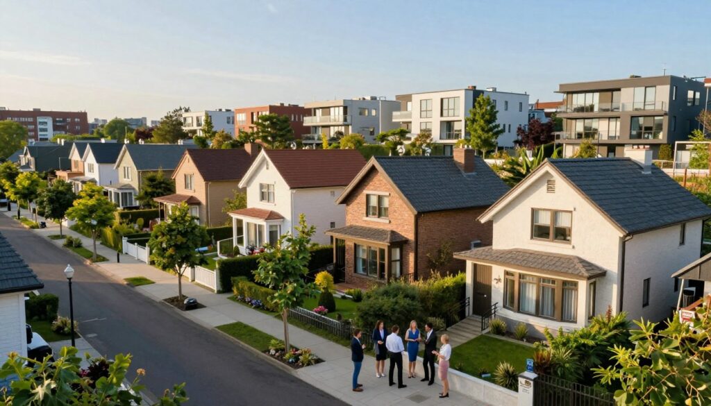 A picturesque residential area that reflects a modern urban environment, showcasing a combination of quaint and contemporary houses nestled among lush greenery and well-kept gardens. In the foreground, include a charming street lined with trees, where a casual gathering of well-dressed individuals in professional attire engage in light conversation. The middle ground features varied architectural styles, from cozy bungalows to sleek apartments. In the background, show a skyline of the city, with clear blue skies and soft, warm sunlight bathing the scene, creating an inviting atmosphere. The angle should be slightly elevated, emphasizing the vibrancy and liveliness of the area, while maintaining a focus on the harmonious blend of nature and urban life. A picturesque residential area that reflects a modern urban environment, showcasing a combination of quaint and contemporary houses nestled among lush greenery and well-kept gardens. In the foreground, include a charming street lined with trees, where a casual gathering of well-dressed individuals in professional attire engage in light conversation. The middle ground features varied architectural styles, from cozy bungalows to sleek apartments. In the background, show a skyline of the city, with clear blue skies and soft, warm sunlight bathing the scene, creating an inviting atmosphere. The angle should be slightly elevated, emphasizing the vibrancy and liveliness of the area, while maintaining a focus on the harmonious blend of nature and urban life.