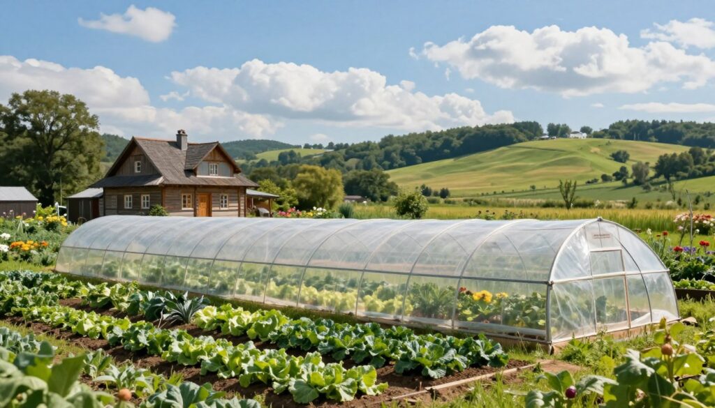 A picturesque rural landscape depicting the "hala tunelowa gospodarstwo" (tunnel greenhouse farm) in a tranquil setting. In the foreground, lush green rows of vegetables flourishing inside a large, transparent tunnel greenhouse, with sunlight filtering through the plastic covering, casting soft shadows. In the middle ground, a tidy rustic farmhouse with wooden accents, surrounded by blooming flowers and a small vegetable garden, conveys a sense of harmony with nature. The background features gentle rolling hills dotted with trees, under a bright blue sky with fluffy white clouds. The atmosphere is serene and inviting, ideal for illustrating daily life on a farm and the significance of rural infrastructure. Natural lighting enhances the vibrant colors, and a slight lens blur on the distant hills adds depth to the scene. A picturesque rural landscape depicting the "hala tunelowa gospodarstwo" (tunnel greenhouse farm) in a tranquil setting. In the foreground, lush green rows of vegetables flourishing inside a large, transparent tunnel greenhouse, with sunlight filtering through the plastic covering, casting soft shadows. In the middle ground, a tidy rustic farmhouse with wooden accents, surrounded by blooming flowers and a small vegetable garden, conveys a sense of harmony with nature. The background features gentle rolling hills dotted with trees, under a bright blue sky with fluffy white clouds. The atmosphere is serene and inviting, ideal for illustrating daily life on a farm and the significance of rural infrastructure. Natural lighting enhances the vibrant colors, and a slight lens blur on the distant hills adds depth to the scene.