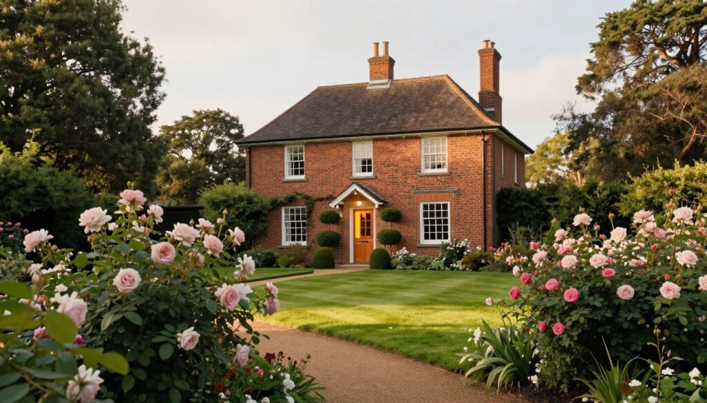 A picturesque view of Adelaide Cottage, nestled in a serene, manicured landscape. In the foreground, blooming rose bushes frame the entrance, while a quaint path leads to the warm, inviting front door. The middle ground features the charming cottage itself, constructed from warm bricks with white window frames, showcasing classic British architectural style. The sloping green lawn is adorned with elegant topiary, adding a touch of whimsy. In the background, lush trees provide a natural border, softly diffusing the afternoon sunlight. The scene captures a tranquil and regal atmosphere, with soft, golden light casting gentle shadows. The angle is slightly elevated, offering a comprehensive view of the cottage and its surroundings, evoking a sense of peace and royal charm appropriate for a residence of the modern British royal family. A picturesque view of Adelaide Cottage, nestled in a serene, manicured landscape. In the foreground, blooming rose bushes frame the entrance, while a quaint path leads to the warm, inviting front door. The middle ground features the charming cottage itself, constructed from warm bricks with white window frames, showcasing classic British architectural style. The sloping green lawn is adorned with elegant topiary, adding a touch of whimsy. In the background, lush trees provide a natural border, softly diffusing the afternoon sunlight. The scene captures a tranquil and regal atmosphere, with soft, golden light casting gentle shadows. The angle is slightly elevated, offering a comprehensive view of the cottage and its surroundings, evoking a sense of peace and royal charm appropriate for a residence of the modern British royal family.