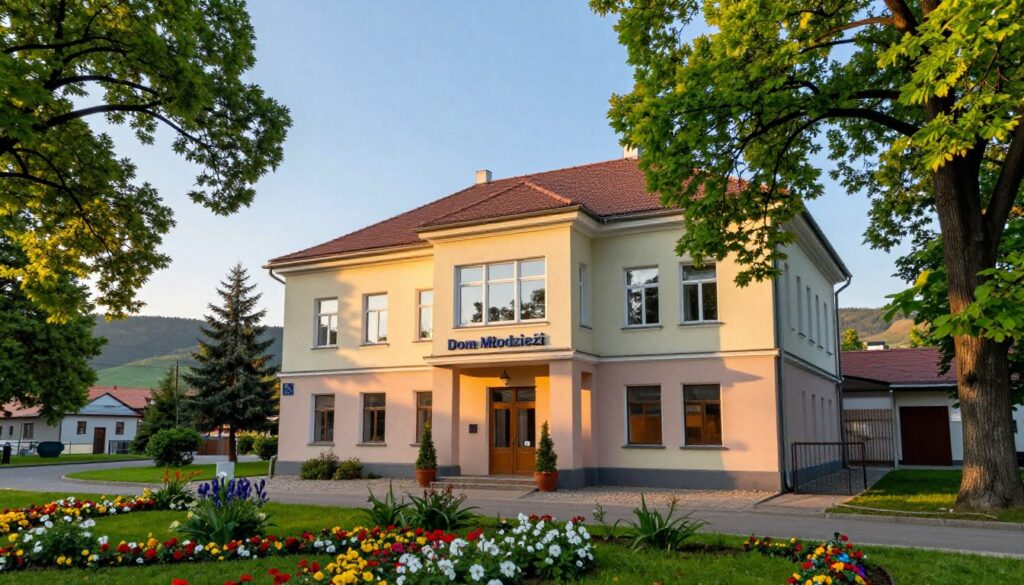 A picturesque view of "Dom Młodzieży" in Krzeszowice, showcasing the elegant architecture of the building surrounded by lush greenery. In the foreground, a well-maintained garden with colorful flowers frames the entrance, creating a warm and inviting atmosphere. The middle ground features the iconic structure of the youth house, painted in soft pastel colors, with large windows reflecting the bright, clear blue sky. Trees with vibrant green leaves sway gently in the soft sunlight, suggesting a serene and peaceful environment. In the background, a gentle slope of hills fades into the distance under a soft golden light just before sunset, enhancing the idyllic setting. The scene conveys a sense of tranquility and the beauty of a harmonious life, emphasizing the transition from a small town to urban life. A picturesque view of "Dom Młodzieży" in Krzeszowice, showcasing the elegant architecture of the building surrounded by lush greenery. In the foreground, a well-maintained garden with colorful flowers frames the entrance, creating a warm and inviting atmosphere. The middle ground features the iconic structure of the youth house, painted in soft pastel colors, with large windows reflecting the bright, clear blue sky. Trees with vibrant green leaves sway gently in the soft sunlight, suggesting a serene and peaceful environment. In the background, a gentle slope of hills fades into the distance under a soft golden light just before sunset, enhancing the idyllic setting. The scene conveys a sense of tranquility and the beauty of a harmonious life, emphasizing the transition from a small town to urban life.