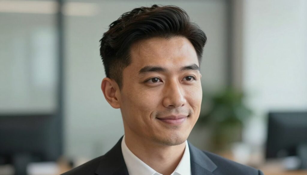 A portrait of a man with a triangular face shape, focusing on his defined jawline and bold cheekbones. He is smiling lightly, showcasing a stylish haircut that complements his features. The foreground captures his head and shoulders, dressed in a professional business suit, with natural-looking grooming that emphasizes his masculinity. The middle ground contains soft, diffused lighting that highlights the angles of his face, casting gentle shadows to add depth. The background features a subtle, blurred office environment, enhancing the professional vibe. The mood is confident and approachable, inviting discussion about hairstyles that suit different face shapes. Use a shallow depth of field to keep attention on the subject while creating a relaxed and inviting atmosphere. A portrait of a man with a triangular face shape, focusing on his defined jawline and bold cheekbones. He is smiling lightly, showcasing a stylish haircut that complements his features. The foreground captures his head and shoulders, dressed in a professional business suit, with natural-looking grooming that emphasizes his masculinity. The middle ground contains soft, diffused lighting that highlights the angles of his face, casting gentle shadows to add depth. The background features a subtle, blurred office environment, enhancing the professional vibe. The mood is confident and approachable, inviting discussion about hairstyles that suit different face shapes. Use a shallow depth of field to keep attention on the subject while creating a relaxed and inviting atmosphere.
