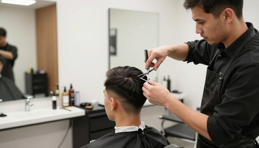 A professional barber demonstrating a step-by-step haircut technique for a "matchstick" hairstyle in a bright, well-lit barbershop. In the foreground, the barber, dressed in a smart black shirt and protective apron, holds scissors and a comb, focusing intently on the client's short, textured hair. The middle ground features a sleek barber chair and mirrors reflecting the clean, minimalistic décor of the shop, with subtle hints of grooming products on a counter. The background shows a warm ambiance with soft lighting and wooden accents, creating a welcoming atmosphere. The angle captures the barber's meticulous movements as they skillfully shape the haircut, conveying a sense of professionalism and artistry in hair grooming. A professional barber demonstrating a step-by-step haircut technique for a "matchstick" hairstyle in a bright, well-lit barbershop. In the foreground, the barber, dressed in a smart black shirt and protective apron, holds scissors and a comb, focusing intently on the client's short, textured hair. The middle ground features a sleek barber chair and mirrors reflecting the clean, minimalistic décor of the shop, with subtle hints of grooming products on a counter. The background shows a warm ambiance with soft lighting and wooden accents, creating a welcoming atmosphere. The angle captures the barber's meticulous movements as they skillfully shape the haircut, conveying a sense of professionalism and artistry in hair grooming.