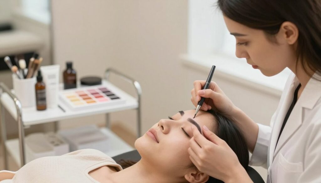 A professional beauty therapist applying permanent eyebrow makeup in a serene salon setting. In the foreground, show the therapist's skilled hands delicately using a microblading tool, focused on creating precise strokes on a client's brow. The client, comfortably reclining in a modern treatment chair, displays a calm expression, wearing modest clothing. In the middle ground, feature a well-organized workstation with beauty tools and a soothing color palette to enhance the atmosphere of tranquility. The background includes soft, diffused natural lighting that creates an inviting ambiance typical of a high-end cosmetic studio. Emphasize the connection between the therapist and client, capturing the essence of trust and professionalism in the experience. A professional beauty therapist applying permanent eyebrow makeup in a serene salon setting. In the foreground, show the therapist's skilled hands delicately using a microblading tool, focused on creating precise strokes on a client's brow. The client, comfortably reclining in a modern treatment chair, displays a calm expression, wearing modest clothing. In the middle ground, feature a well-organized workstation with beauty tools and a soothing color palette to enhance the atmosphere of tranquility. The background includes soft, diffused natural lighting that creates an inviting ambiance typical of a high-end cosmetic studio. Emphasize the connection between the therapist and client, capturing the essence of trust and professionalism in the experience.