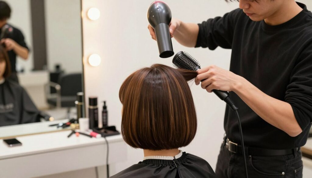 A professional hairstylist demonstrating advanced hair styling techniques, focusing on the classic bob hairstyle. The foreground features a well-groomed model with a chic bob cut, showcasing smooth, shiny hair with subtle highlights. The stylist, dressed in professional attire, is carefully using high-quality tools like a round brush and a hairdryer, expertly creating volume and texture. In the middle, a stylish salon setting with modern styling chairs, well-organized tools, and elegant lighting enhances the ambiance. The background depicts a mirror reflecting the hair styling process, bathed in warm, natural light that creates an inviting atmosphere. The overall mood conveys professionalism and creativity in hair styling, emphasizing the timeless elegance of the bob haircut. A professional hairstylist demonstrating advanced hair styling techniques, focusing on the classic bob hairstyle. The foreground features a well-groomed model with a chic bob cut, showcasing smooth, shiny hair with subtle highlights. The stylist, dressed in professional attire, is carefully using high-quality tools like a round brush and a hairdryer, expertly creating volume and texture. In the middle, a stylish salon setting with modern styling chairs, well-organized tools, and elegant lighting enhances the ambiance. The background depicts a mirror reflecting the hair styling process, bathed in warm, natural light that creates an inviting atmosphere. The overall mood conveys professionalism and creativity in hair styling, emphasizing the timeless elegance of the bob haircut.