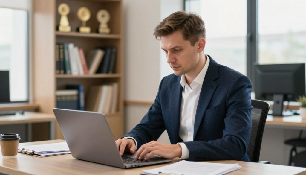 A professional man, Michał Wójcik, seated at a modern desk in a well-lit office, deeply focused on a laptop. He is dressed in a tailored navy suit with a subtle pattern and a crisp white shirt, exuding confidence and competence. On the desk, there are documents and a coffee cup, conveying a busy work environment. The background features a bookshelf filled with books and awards, showcasing his professional accomplishments and education. Soft, natural lighting filters through large windows, creating a warm and inviting atmosphere. The camera angle is slightly elevated, highlighting Michał’s engaged expression and the organized workspace. The overall mood is one of professionalism and dedication to career development, reflecting the importance of education and career in his life.