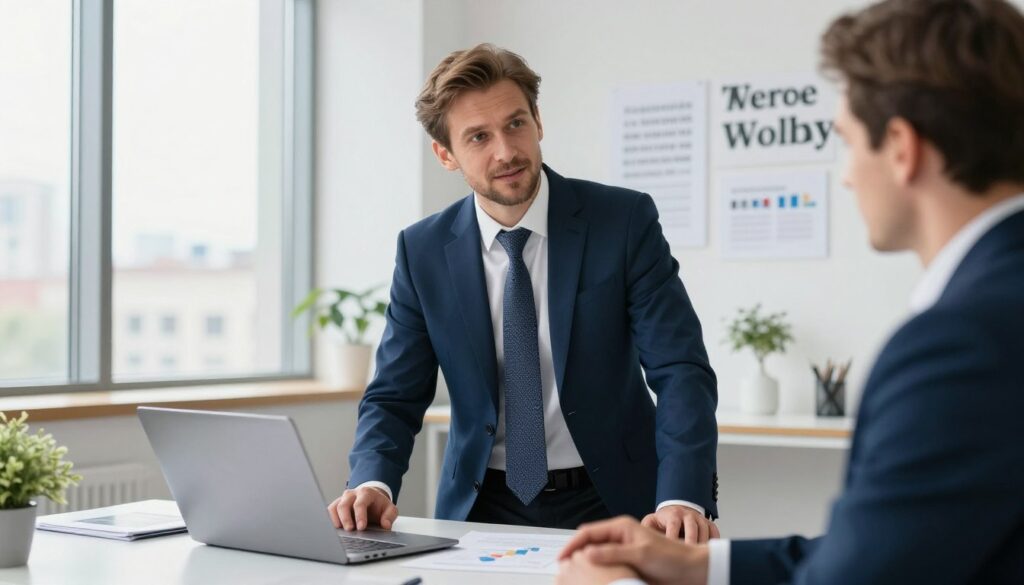A professional man named Tomasz Wolny, depicted in a modern office environment. He is dressed in a tailored navy blue suit with a crisp white shirt and a subtle patterned tie, reflecting his career dedication. In the foreground, he is engaged in a discussion with a colleague, showcasing collaboration and career progression. The middle ground features a sleek desk with a laptop, business charts, and inspirational quotes on the wall, symbolizing ambition and mobility. In the background, large windows allow natural light to flood in, creating a bright and uplifting atmosphere, with a cityscape view that signifies professional growth. The overall mood is dynamic and focused, emphasizing the importance of career in enabling mobility and advancement. A professional man named Tomasz Wolny, depicted in a modern office environment. He is dressed in a tailored navy blue suit with a crisp white shirt and a subtle patterned tie, reflecting his career dedication. In the foreground, he is engaged in a discussion with a colleague, showcasing collaboration and career progression. The middle ground features a sleek desk with a laptop, business charts, and inspirational quotes on the wall, symbolizing ambition and mobility. In the background, large windows allow natural light to flood in, creating a bright and uplifting atmosphere, with a cityscape view that signifies professional growth. The overall mood is dynamic and focused, emphasizing the importance of career in enabling mobility and advancement.