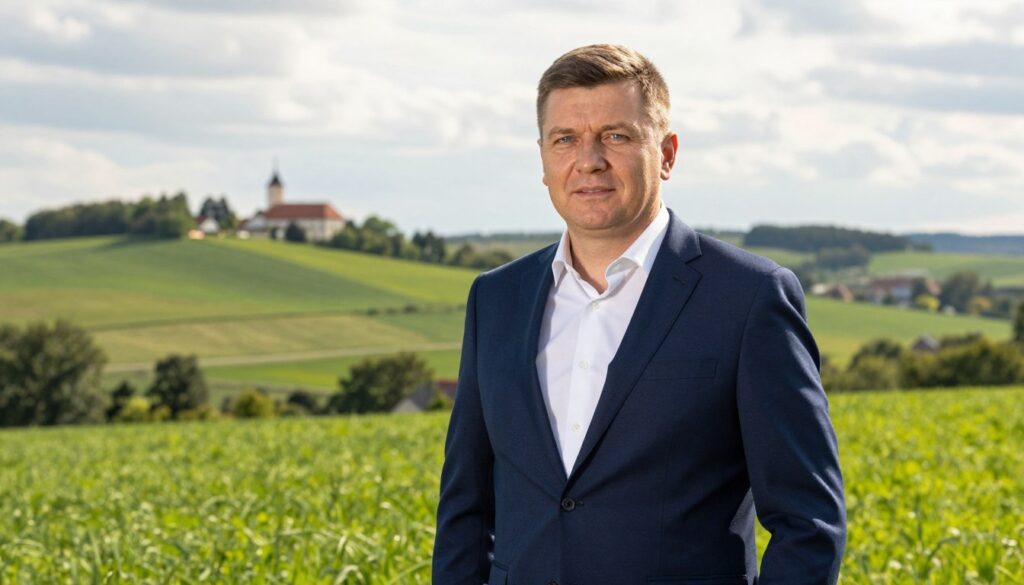 A professional portrait of Andrzej Szejna standing confidently in a picturesque Polish landscape, representing his regional connections. In the foreground, depict him dressed in a tailored dark blue suit with a crisp white shirt, exuding an air of authority and approachability. His expression should be thoughtful and engaged, as he gazes slightly off-camera. The middle ground should feature lush green fields and rolling hills characteristic of the region he represents, with soft sunlight filtering through the clouds, creating a warm, inviting atmosphere. In the background, incorporate distant traditional Polish architecture, subtly blending with the natural surroundings to highlight his connection to the area. The overall mood should be one of pride and serenity, showcasing his roots and commitment to his community. A professional portrait of Andrzej Szejna standing confidently in a picturesque Polish landscape, representing his regional connections. In the foreground, depict him dressed in a tailored dark blue suit with a crisp white shirt, exuding an air of authority and approachability. His expression should be thoughtful and engaged, as he gazes slightly off-camera. The middle ground should feature lush green fields and rolling hills characteristic of the region he represents, with soft sunlight filtering through the clouds, creating a warm, inviting atmosphere. In the background, incorporate distant traditional Polish architecture, subtly blending with the natural surroundings to highlight his connection to the area. The overall mood should be one of pride and serenity, showcasing his roots and commitment to his community.