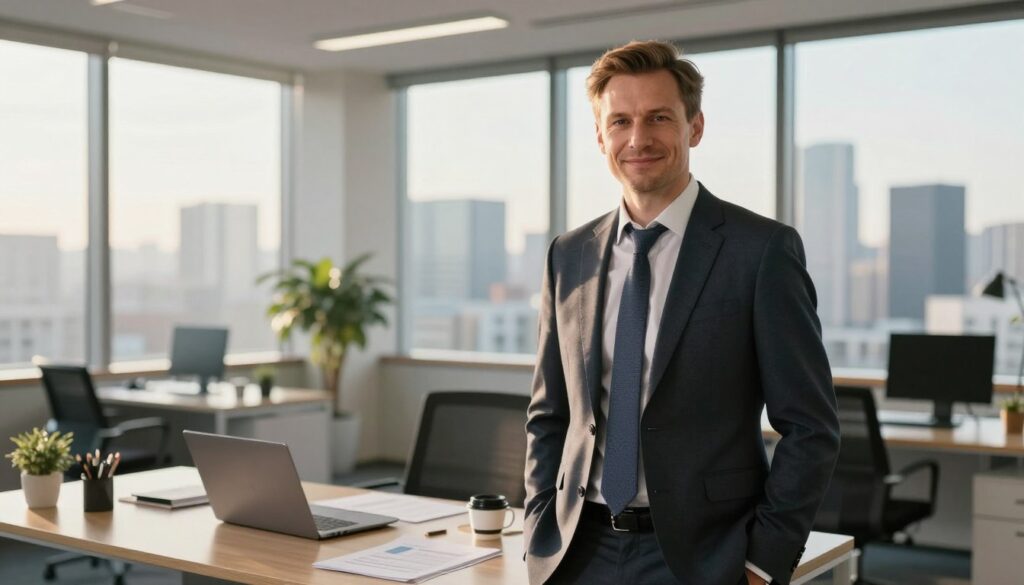 A professional portrait of Krzysztof Grządziel in a modern office environment, showcasing his business acumen. In the foreground, Krzysztof, in a tailored suit, stands confidently with a slight smile, exuding professionalism and charisma. The middle layer features an elegantly furnished office desk with a laptop, documents, and a coffee cup, symbolizing productivity and focus. In the background, large windows reveal a city skyline bathed in warm afternoon sunlight, creating a bright and optimistic atmosphere. The lighting highlights Krzysztof’s features and the sleek office decor, with a depth of field effect that keeps the focus on him while softly blurring the background. The overall mood is inspiring and dynamic, reflecting his journey in building a successful business position.