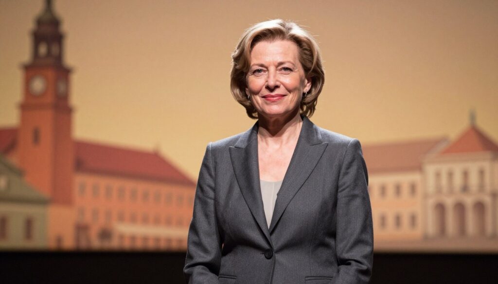A professional portrait of Teresa Lipowska, showcasing her distinguished career in acting. She stands confidently, wearing a tailored business suit, with a subtle smile that reflects her warmth and professionalism. The foreground features her against a softly lit backdrop that hints at a theater stage, symbolizing her artistic journey. In the middle ground, there are hints of iconic Polish landmarks, blending heritage with her career achievements. The background is a gentle blur of warm lighting, creating an inviting atmosphere that conveys inspiration and determination. The image captures the essence of her career as a foundation for life choices, emphasizing her connection to Poland. Soft focus lens with natural light enhances her approachable demeanor. A professional portrait of Teresa Lipowska, showcasing her distinguished career in acting. She stands confidently, wearing a tailored business suit, with a subtle smile that reflects her warmth and professionalism. The foreground features her against a softly lit backdrop that hints at a theater stage, symbolizing her artistic journey. In the middle ground, there are hints of iconic Polish landmarks, blending heritage with her career achievements. The background is a gentle blur of warm lighting, creating an inviting atmosphere that conveys inspiration and determination. The image captures the essence of her career as a foundation for life choices, emphasizing her connection to Poland. Soft focus lens with natural light enhances her approachable demeanor.