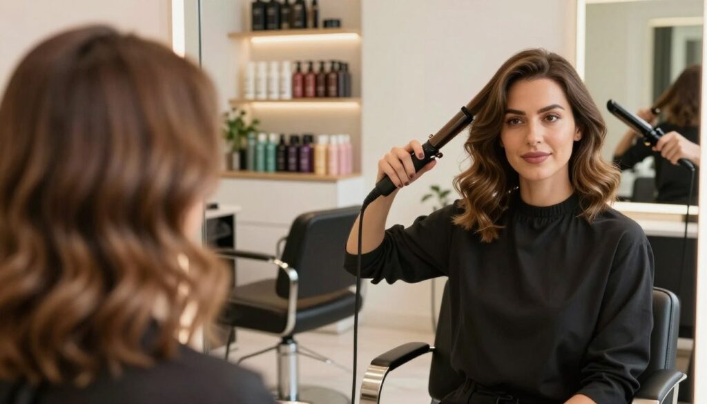 A professional woman with shoulder-length, softly wavy hair styled in elegant beach waves. She is seated in a well-lit, modern salon environment, exuding confidence and grace. The foreground features her face as she examines her hair in a large mirror, showcasing the natural texture and shine achieved through curling with a curling iron and straightening with a flat iron. The middle ground includes a stylish salon chair and shelves with hair products neatly organized. In the background, warm lighting bathes the space, enhancing the welcoming atmosphere, with hints of greenery from indoor plants. The mood is relaxed and inspiring, perfect for illustrating a beauty transformation process. A professional woman with shoulder-length, softly wavy hair styled in elegant beach waves. She is seated in a well-lit, modern salon environment, exuding confidence and grace. The foreground features her face as she examines her hair in a large mirror, showcasing the natural texture and shine achieved through curling with a curling iron and straightening with a flat iron. The middle ground includes a stylish salon chair and shelves with hair products neatly organized. In the background, warm lighting bathes the space, enhancing the welcoming atmosphere, with hints of greenery from indoor plants. The mood is relaxed and inspiring, perfect for illustrating a beauty transformation process.