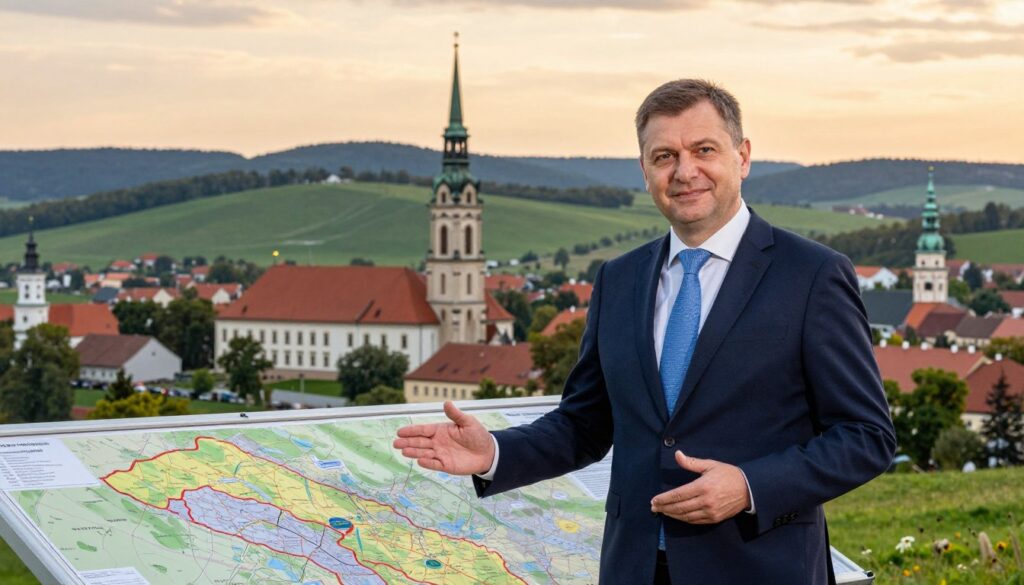 A prominent Polish politician, dressed in professional business attire, stands confidently in the foreground, gesturing towards a large map of the Silesian region. Behind him, iconic Silesian landmarks—such as the Upper Silesian Museum and the spires of St. Mary’s Church—are visible, showcasing the region's rich cultural heritage. The middle ground features lush green hills typical of the Silesian landscape, while the background includes a hazy sunset casting a warm golden glow over the scene, creating a hopeful and inspiring atmosphere. The composition is balanced, with a soft focus on the distant hills to highlight the politician's connection to the community, evoking a sense of partnership and regional pride. The lighting is warm and inviting, suggesting a positive outlook on future developments in the region.