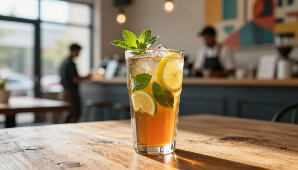 A refreshing glass of banger iced tea sits on a rustic wooden table, the sun creating glistening reflections on the chilled beverage. The iced tea is filled with vibrant fruits like slices of lemon, lime, and fresh mint leaves, showcasing a burst of colors. In the middle ground, a stylish, urban environment is hinted at, with soft-focus café elements like baristas in professional attire and abstract art on the walls. In the background, sunlight filters through large windows, casting a warm and inviting glow, emphasizing a sense of creativity and relaxation. The overall atmosphere is lively yet laid-back, embodying a modern lifestyle brand that resonates with the themes of personal branding and authenticity. The scene captures a chic, social ambience without any people present, ensuring the focus remains solely on the iced tea and its setting. A refreshing glass of banger iced tea sits on a rustic wooden table, the sun creating glistening reflections on the chilled beverage. The iced tea is filled with vibrant fruits like slices of lemon, lime, and fresh mint leaves, showcasing a burst of colors. In the middle ground, a stylish, urban environment is hinted at, with soft-focus café elements like baristas in professional attire and abstract art on the walls. In the background, sunlight filters through large windows, casting a warm and inviting glow, emphasizing a sense of creativity and relaxation. The overall atmosphere is lively yet laid-back, embodying a modern lifestyle brand that resonates with the themes of personal branding and authenticity. The scene captures a chic, social ambience without any people present, ensuring the focus remains solely on the iced tea and its setting.