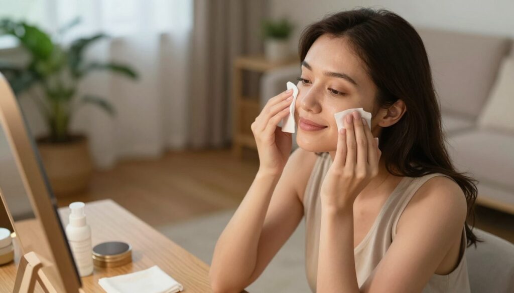 A serene and comforting scene depicting a woman in her living room, peacefully removing her makeup at the end of the day. In the foreground, she is seated at a wooden vanity table, using gentle makeup remover wipes, her expression relaxed and content. The middle ground features soft lighting that highlights her natural features, emphasizing a fresh, unadorned look. In the background, a cozy atmosphere is created with houseplants and soft textiles, hinting at safety and self-care. The angle is slightly above eye-level, capturing a warm, inviting mood. The overall lighting is warm and soft, enhancing the feeling of tranquility and self-acceptance, showcasing the importance of embracing natural beauty. A serene and comforting scene depicting a woman in her living room, peacefully removing her makeup at the end of the day. In the foreground, she is seated at a wooden vanity table, using gentle makeup remover wipes, her expression relaxed and content. The middle ground features soft lighting that highlights her natural features, emphasizing a fresh, unadorned look. In the background, a cozy atmosphere is created with houseplants and soft textiles, hinting at safety and self-care. The angle is slightly above eye-level, capturing a warm, inviting mood. The overall lighting is warm and soft, enhancing the feeling of tranquility and self-acceptance, showcasing the importance of embracing natural beauty.