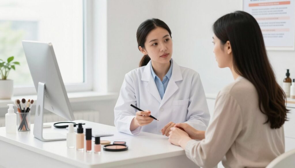 A serene and informative composition showcasing a professional setting for permanent makeup consultation. In the foreground, a clean, modern beauty clinic with a well-organized vanity table adorned with makeup tools and skincare products. In the middle ground, a healthcare professional, dressed in a white lab coat, discusses with a client who is attentively listening, both appearing engaged and focused. Subtly included in the background, a poster outlining health and cosmetic contraindications in soft colors, conveying a sense of caution and awareness. The scene is brightly lit with natural light pouring in through a window, creating a calm and inviting atmosphere. The overall mood reflects professionalism and care, highlighting the importance of informed decisions regarding permanent makeup procedures. A serene and informative composition showcasing a professional setting for permanent makeup consultation. In the foreground, a clean, modern beauty clinic with a well-organized vanity table adorned with makeup tools and skincare products. In the middle ground, a healthcare professional, dressed in a white lab coat, discusses with a client who is attentively listening, both appearing engaged and focused. Subtly included in the background, a poster outlining health and cosmetic contraindications in soft colors, conveying a sense of caution and awareness. The scene is brightly lit with natural light pouring in through a window, creating a calm and inviting atmosphere. The overall mood reflects professionalism and care, highlighting the importance of informed decisions regarding permanent makeup procedures.