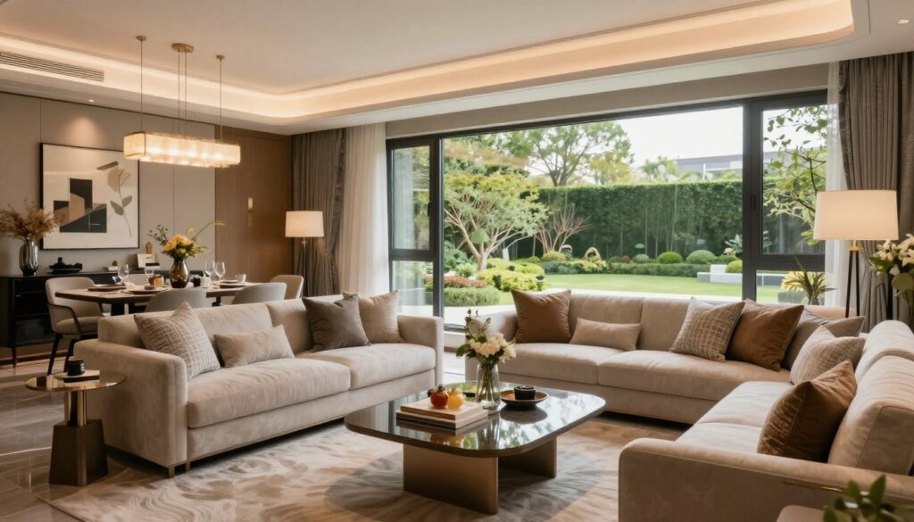 A serene and luxurious living space showcasing everyday life in a modern home. The foreground features a tastefully decorated lounge area with plush sofas, elegant coffee tables, and stylish decor. In the middle ground, a large window lets in natural light, illuminating a dining area with a beautifully set table, surrounded by tasteful artworks. The background reveals lush greenery, hinting at a well-manicured garden visible through the window. The scene is bathed in warm, inviting light, creating a cozy yet sophisticated atmosphere. Use a wide-angle lens to capture the spaciousness of the room, emphasizing luxury and comfort. The overall mood should be serene and elegant, reflecting a peaceful daily life in a high-end residential setting. A serene and luxurious living space showcasing everyday life in a modern home. The foreground features a tastefully decorated lounge area with plush sofas, elegant coffee tables, and stylish decor. In the middle ground, a large window lets in natural light, illuminating a dining area with a beautifully set table, surrounded by tasteful artworks. The background reveals lush greenery, hinting at a well-manicured garden visible through the window. The scene is bathed in warm, inviting light, creating a cozy yet sophisticated atmosphere. Use a wide-angle lens to capture the spaciousness of the room, emphasizing luxury and comfort. The overall mood should be serene and elegant, reflecting a peaceful daily life in a high-end residential setting.
