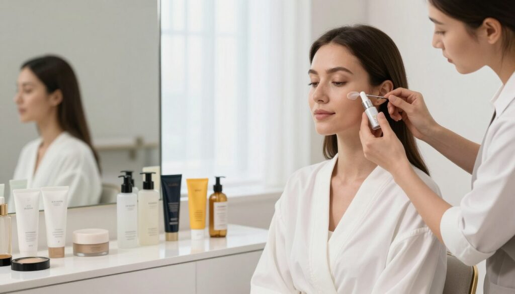 A serene and well-lit bathroom setting, featuring a professional makeup artist preparing a client’s skin for makeup application. In the foreground, the artist applies a hydrating serum to the client's cheek, using a gentle touch. The client, a woman with a natural radiant complexion, is seated in a stylish vanity chair, wearing a modest, professional white robe. In the middle, an array of skincare products is displayed on the vanity: cleansers, moisturizers, and sunblock, all in elegant packaging. In the background, soft, diffused natural light floods in through a window adorned with sheer curtains. The atmosphere is calm and focused, highlighting the importance of skin preparation as the foundation for lasting makeup. The image should evoke a sense of tranquility and professionalism, emphasizing skincare as essential for enduring beauty.