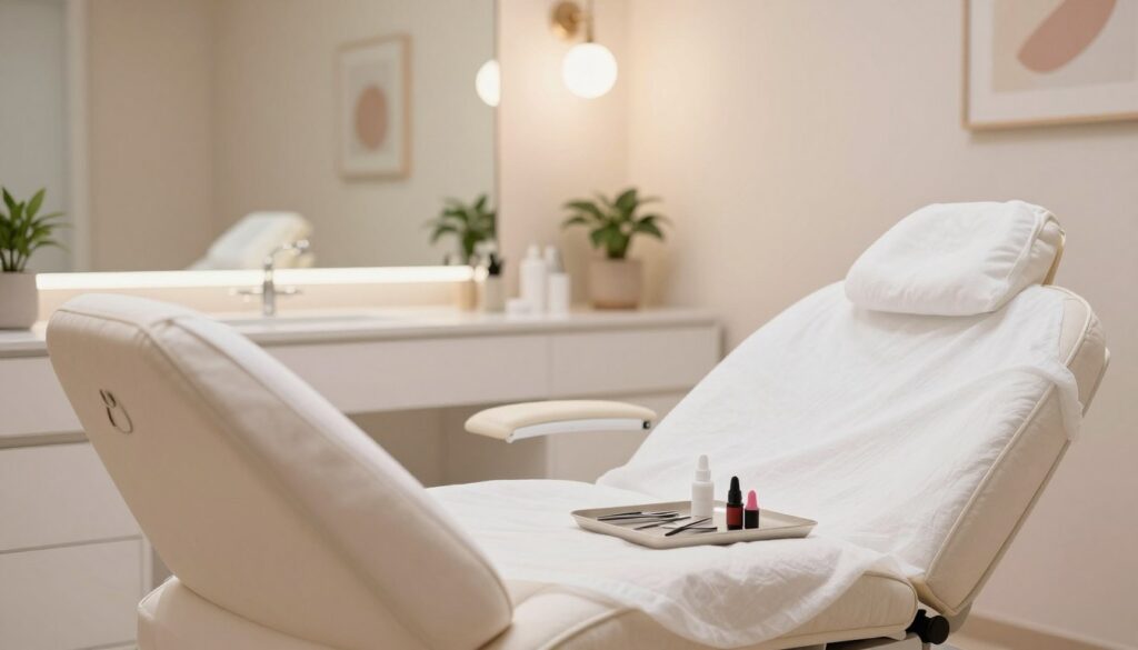 A serene beauty clinic interior, focusing on the preparation area before a semi-permanent eyebrow procedure. In the foreground, a soft, plush examination chair draped with white linen, a small tray with professional tools like tweezers and ink pots placed neatly beside it. The middle ground features a large mirror reflecting soft, diffused lighting from stylish overhead fixtures, creating a calming ambiance. In the background, decorative elements like potted plants and soothing artwork enhance the tranquil environment. The overall atmosphere should evoke a sense of professionalism and care, emphasizing cleanliness and comfort, with pale pastel colors dominating the space. The image should be well-lit, highlighting the details without shadows, taken from an angle that provides a comprehensive view of the setup. A serene beauty clinic interior, focusing on the preparation area before a semi-permanent eyebrow procedure. In the foreground, a soft, plush examination chair draped with white linen, a small tray with professional tools like tweezers and ink pots placed neatly beside it. The middle ground features a large mirror reflecting soft, diffused lighting from stylish overhead fixtures, creating a calming ambiance. In the background, decorative elements like potted plants and soothing artwork enhance the tranquil environment. The overall atmosphere should evoke a sense of professionalism and care, emphasizing cleanliness and comfort, with pale pastel colors dominating the space. The image should be well-lit, highlighting the details without shadows, taken from an angle that provides a comprehensive view of the setup.