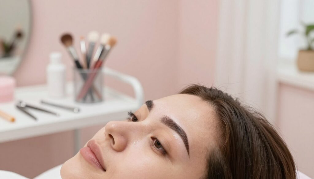 A serene beauty salon setting, showcasing the aftermath of a semi-permanent eyebrow procedure. In the foreground, a close-up on a woman's face with freshly done eyebrows, displaying a subtle sheen indicating healing skin. Her expression is calm, with gentle lighting which enhances her features. The middle ground features a well-organized workspace with beauty tools like tweezers and eyebrow pencils neatly arranged. In the background, soft, pastel-colored walls create a soothing atmosphere, with subtle decorations like plants or light curtains. The overall scene is warm and inviting, emphasizing care and rejuvenation, focusing on the healing process of skin post-procedure. Soft diffused lighting conveys tranquility, enhancing the ambiance of professional care. A serene beauty salon setting, showcasing the aftermath of a semi-permanent eyebrow procedure. In the foreground, a close-up on a woman's face with freshly done eyebrows, displaying a subtle sheen indicating healing skin. Her expression is calm, with gentle lighting which enhances her features. The middle ground features a well-organized workspace with beauty tools like tweezers and eyebrow pencils neatly arranged. In the background, soft, pastel-colored walls create a soothing atmosphere, with subtle decorations like plants or light curtains. The overall scene is warm and inviting, emphasizing care and rejuvenation, focusing on the healing process of skin post-procedure. Soft diffused lighting conveys tranquility, enhancing the ambiance of professional care.