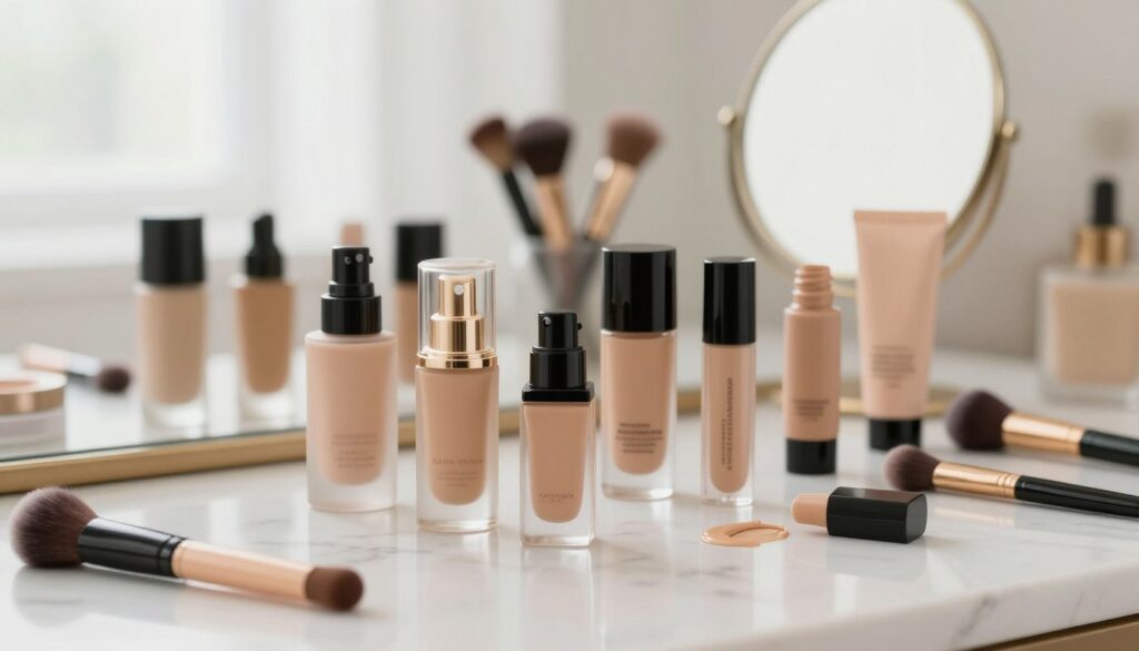 A serene beauty setup featuring a variety of foundation products ideal for different skin types. In the foreground, elegantly arranged bottles and tubes of foundation in diverse shades, showcasing their textures and finishes, with the caps off to reveal their creamy consistencies. The middle ground highlights a soft, natural setting, such as a marble countertop adorned with cosmetic brushes and a small, elegant mirror reflecting the products. In the background, a gentle, diffused light emanates from a window, illuminating the scene to create a calm, inviting atmosphere. The overall mood is one of professionalism and comfort, emphasizing the importance of choosing the right cosmetics for a flawless complexion. No people are depicted in the image. A serene beauty setup featuring a variety of foundation products ideal for different skin types. In the foreground, elegantly arranged bottles and tubes of foundation in diverse shades, showcasing their textures and finishes, with the caps off to reveal their creamy consistencies. The middle ground highlights a soft, natural setting, such as a marble countertop adorned with cosmetic brushes and a small, elegant mirror reflecting the products. In the background, a gentle, diffused light emanates from a window, illuminating the scene to create a calm, inviting atmosphere. The overall mood is one of professionalism and comfort, emphasizing the importance of choosing the right cosmetics for a flawless complexion. No people are depicted in the image.