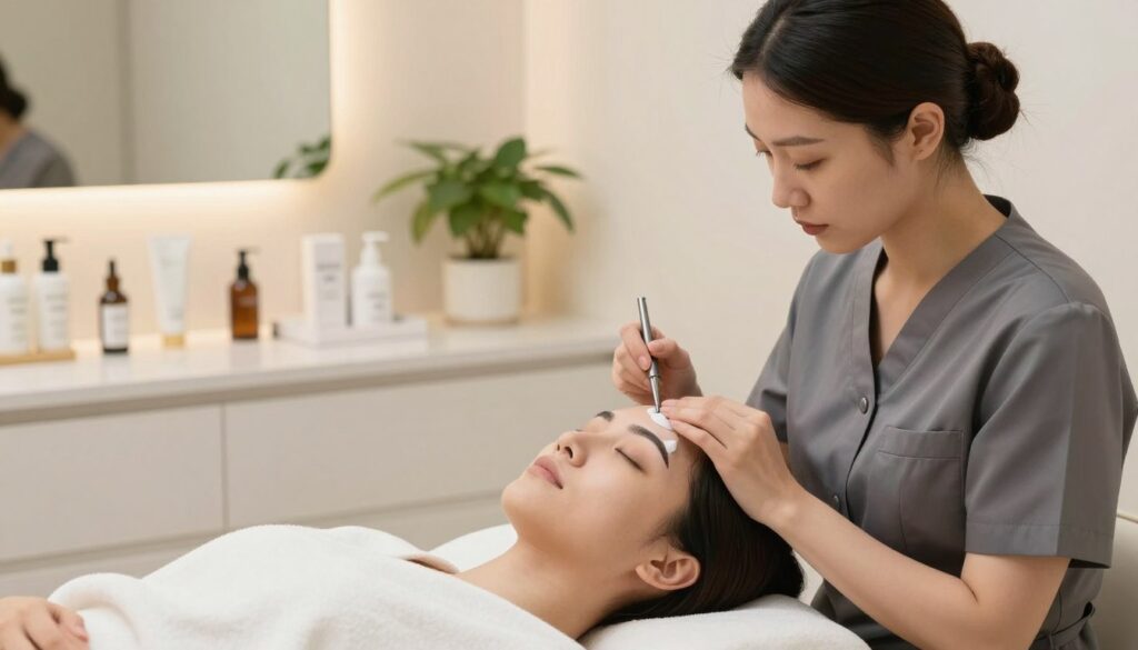 A serene beauty treatment room featuring a professional aesthetician attending to a client receiving permanent eyebrow makeup. The foreground shows the aesthetician, dressed in a sleek and modern uniform, gently applying a soothing cream to the client's brows. The client is seated comfortably, appearing relaxed and serene, with a soft towel draped around her shoulders. In the middle ground, elegant skincare products are neatly arranged on a white countertop, with a few plants for a touch of greenery. The background includes soft, diffused lighting that casts a warm glow throughout the space, creating a tranquil and inviting atmosphere. The overall mood is calm and professional, ideal for a beauty care setting focused on healing and maintenance after the procedure. A serene beauty treatment room featuring a professional aesthetician attending to a client receiving permanent eyebrow makeup. The foreground shows the aesthetician, dressed in a sleek and modern uniform, gently applying a soothing cream to the client's brows. The client is seated comfortably, appearing relaxed and serene, with a soft towel draped around her shoulders. In the middle ground, elegant skincare products are neatly arranged on a white countertop, with a few plants for a touch of greenery. The background includes soft, diffused lighting that casts a warm glow throughout the space, creating a tranquil and inviting atmosphere. The overall mood is calm and professional, ideal for a beauty care setting focused on healing and maintenance after the procedure.